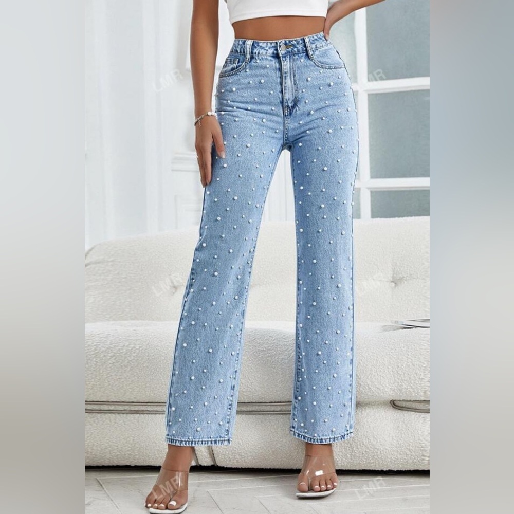 Blue Straight Leg Jeans with Embellishments